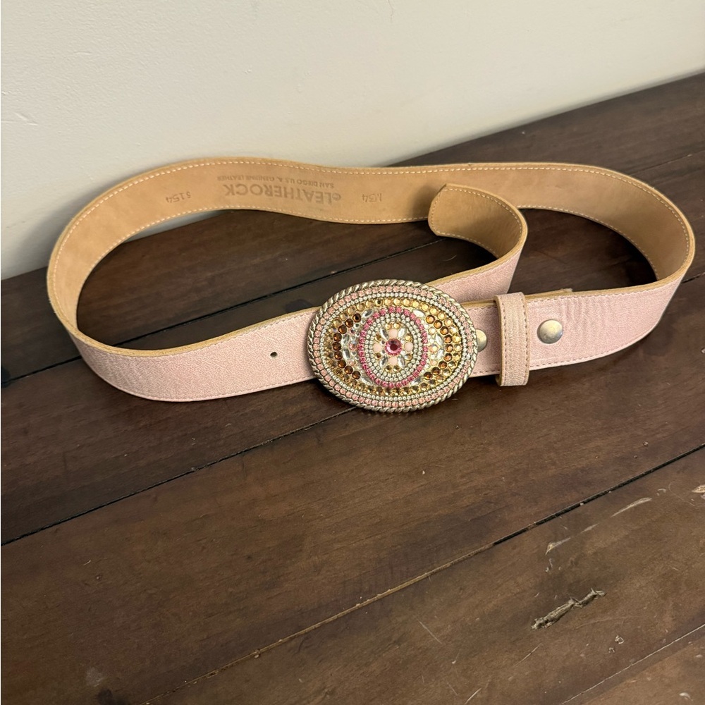 Leatherock San Diego Embellished Rhinestone Leather Belt Pink Boho Western Glam